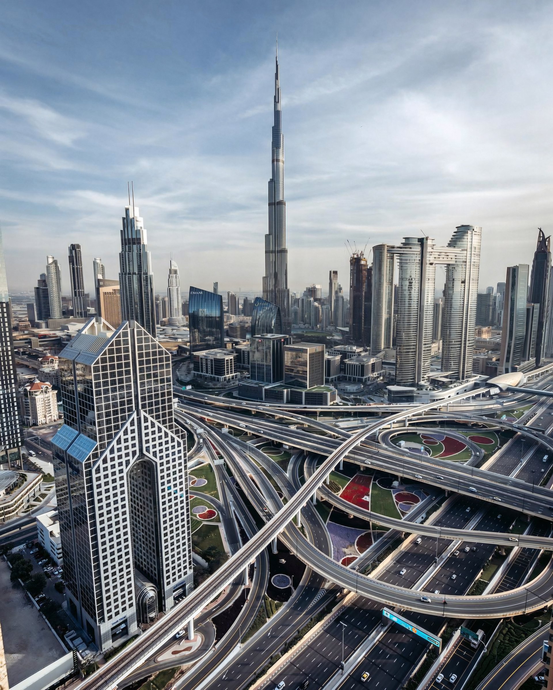 Dubai skyline and layered highways in daylight.