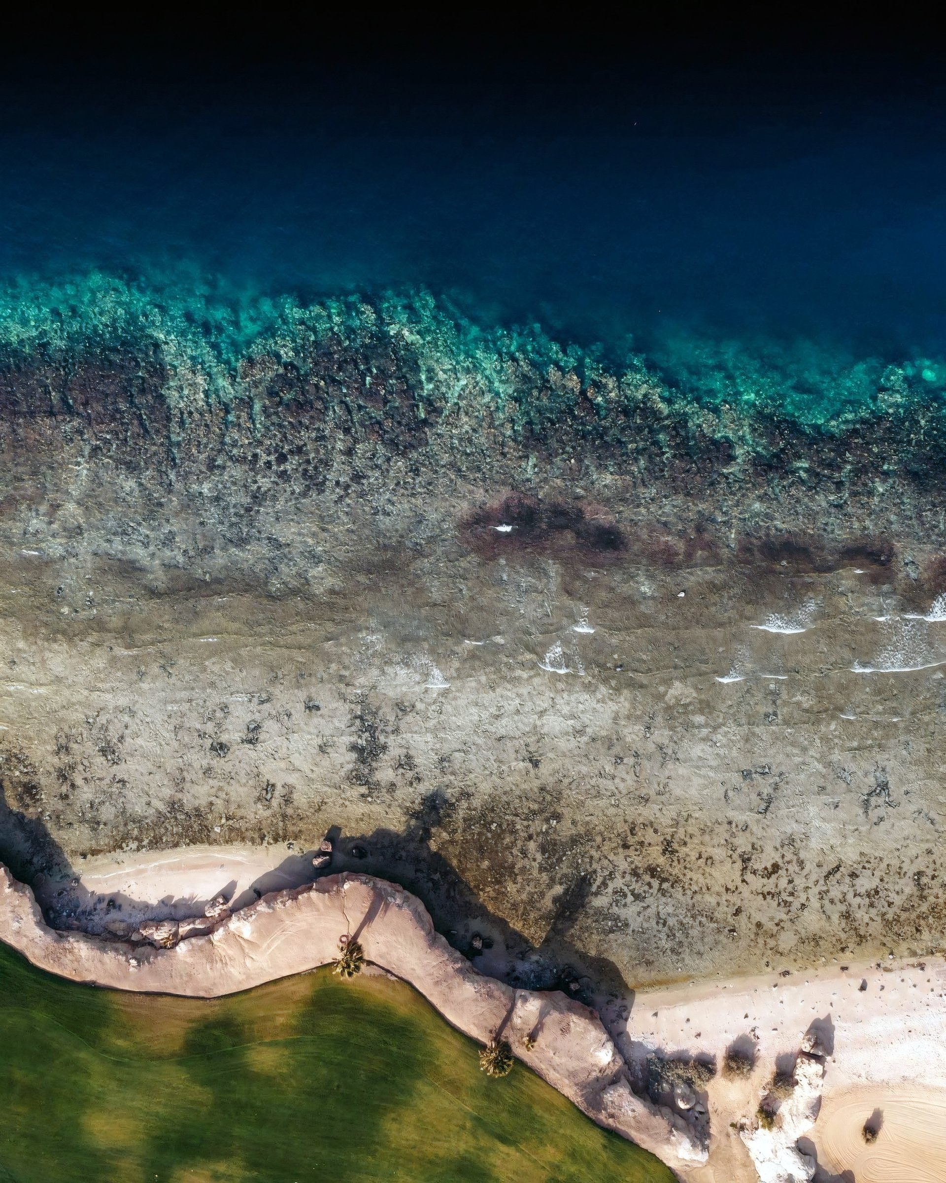 Aerial view of turquoise reef water meeting a curved shoreline.